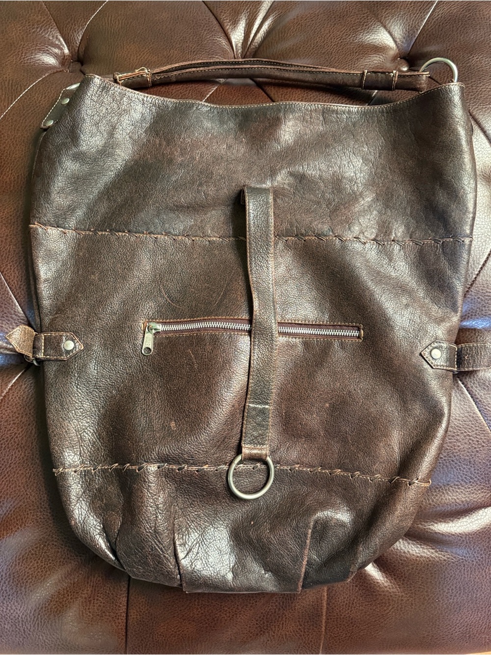 Classic Brown Leather Hobo Handbag with Front Zip Pocket